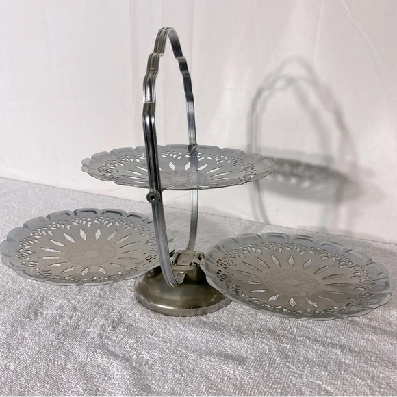 Vintage Silver Tone Three Tier Folding Dessert Sandwich  Serving Tray - Picture 4 of 16